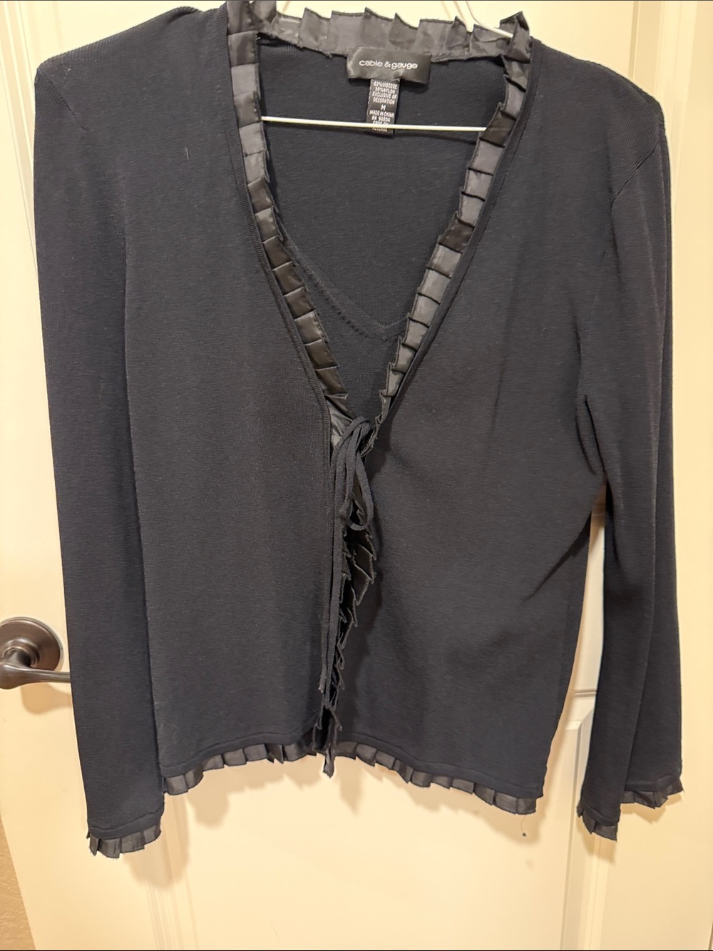 Cable & Gauge Black Ribbon-Trim Tie-Front Cardigan